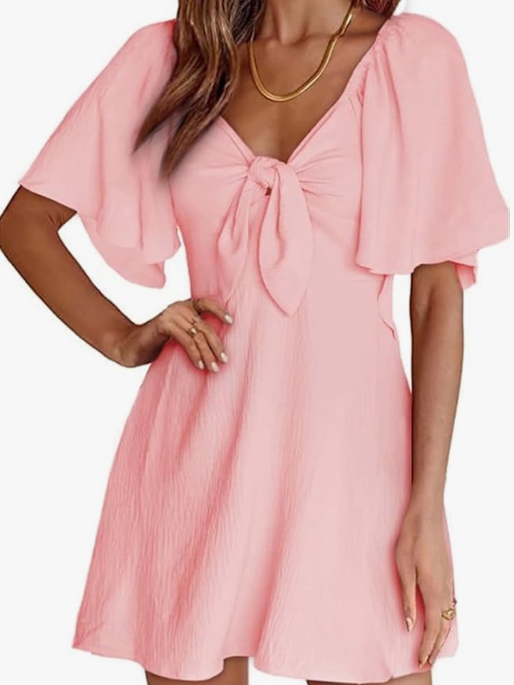 Pink Bow Front Flutter Sleeve Mini Dress